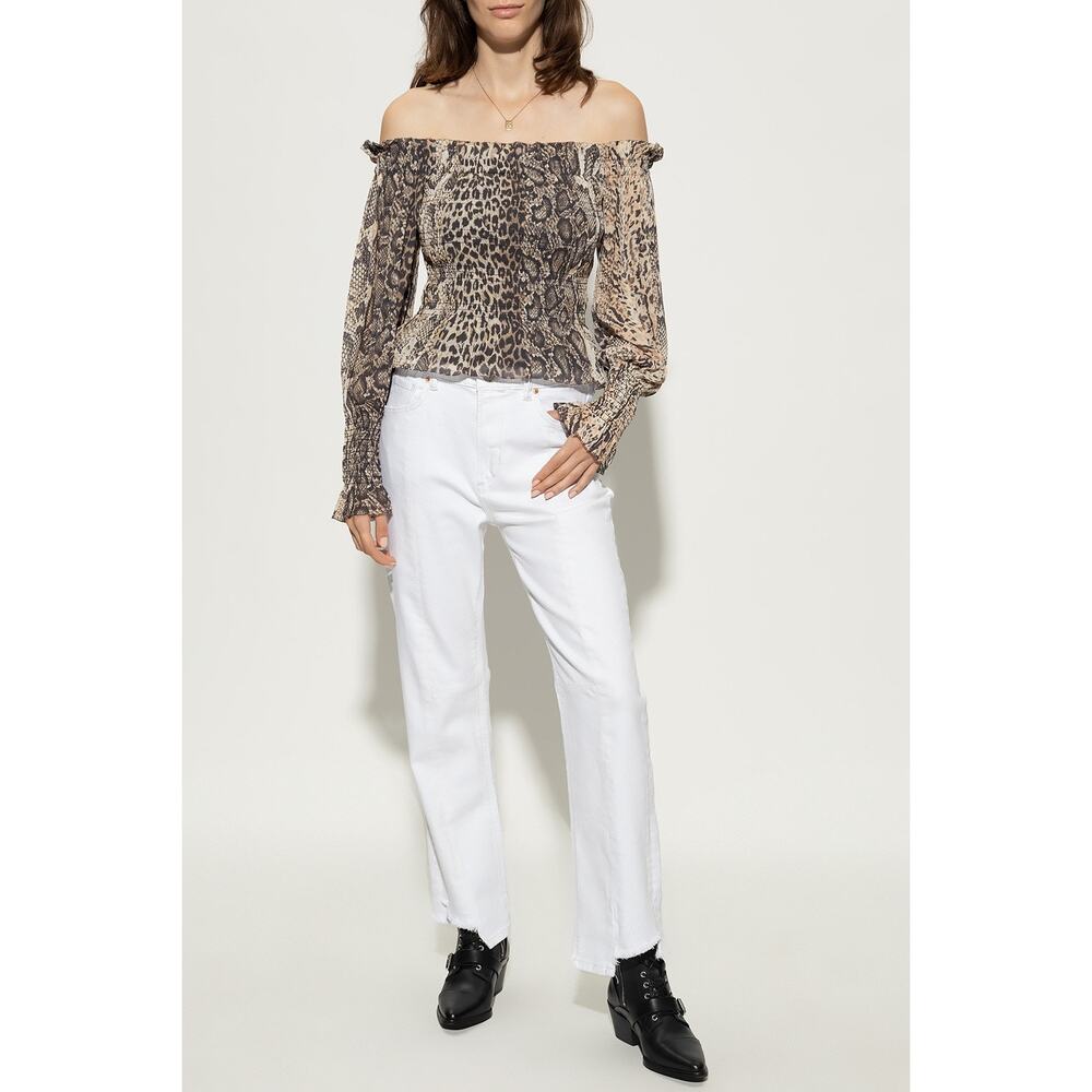 NWOT ALLSAINTS Off the Shoulder Balloon Sleeve Lara Animal Print Top Size 2